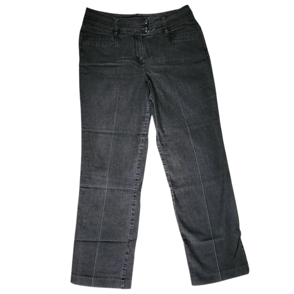 New Directions Black Straight Leg Double Button Flap Pocket Jeans sz 10
